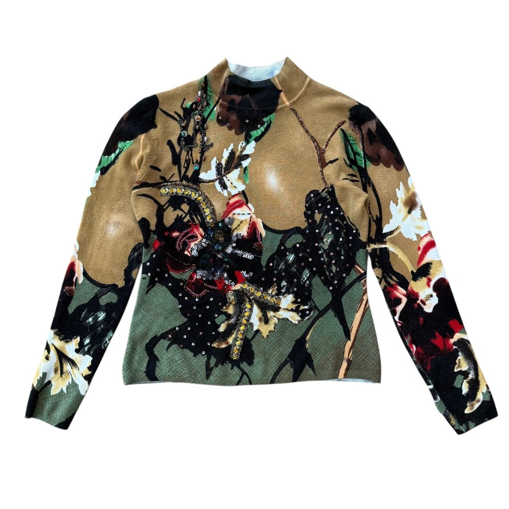 Alberto Mahali Women Beaded Sequin Floral Mock Neck Sweater‎ Top Size S